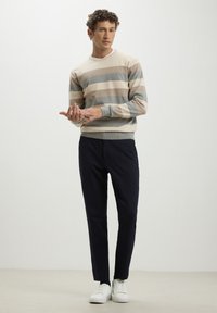 Maglione a righe nei toni del beige, grigio e marrone chiaro, abbinato a pantaloni blu navy e scarpe da ginnastica bianche. Il maglione presenta un collo a giro e polsi a costine.