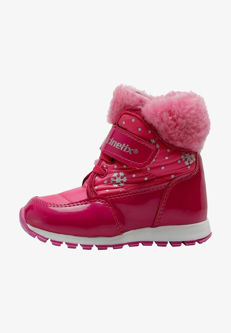 Botte d'hiver rose vif pour enfant avec un revers en fausse fourrure, des motifs de flocons de neige, une sangle en velcro et une semelle en caoutchouc antidérapante.