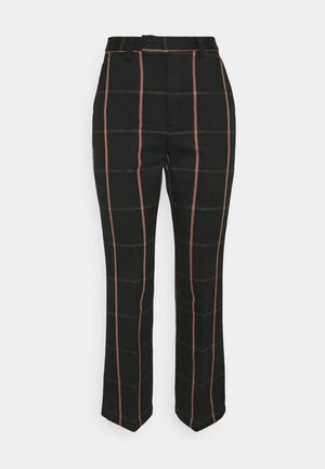 Pantalons à carreaux noirs avec de fines lignes grises roses, coupe droite, fermeture à bouton et passants de ceinture, fabriqués à partir d'un tissu texturé.