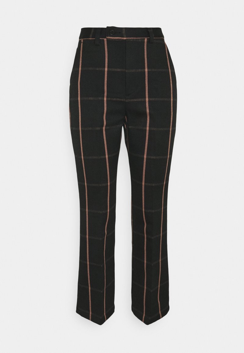 Pantalons à carreaux noirs avec de fines lignes grises roses, coupe droite, fermeture à bouton et passants de ceinture, fabriqués à partir d'un tissu texturé.