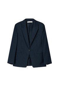 Blazer de rayas marineras con solapas con muesca, cierre de un solo botón, dos bolsillos frontales y un corte relajado. Presenta un tejido texturado.