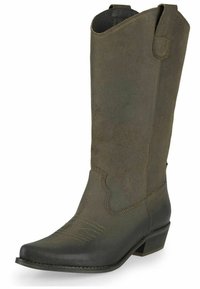 Botas de vaquero de ante verde con punta afilada, costuras decorativas en la parte superior y un tacón bajo y apilado. Cuentan con una lengüeta para facilitar su uso.