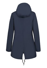 Marinblå parka med huva, långa ärmar, dragsko i nederkant och en slät, vattenavvisande yta. Bakifrån visar den en minimalistisk design.