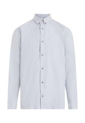 Light blue button-up shirt made of smooth fabric. Features a tall collar, long sleeves, and subtle logo on the left chest. Silver buttons.
