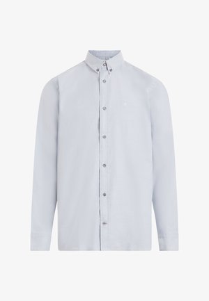 Jasnoniebieska koszula zapinana na guziki, wykonana z gładkiego materiału. Posiada wysoki kołnierz, długie rękawy oraz subtelne logo na lewej piersi. Srebrne guziki.