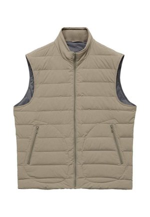 Beige gewatteerde vest met een hoge kraag, gewatteerd ontwerp en twee met rits gesloten zakken. Gladde textuur, zonder mouwen, en een effen kleur afwerking.