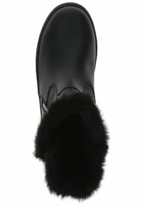 Černé kožené kotníkové boty s kulatou špičkou a hebkým černým kožíškem kolem kotníku. Obsahují zip pro snadné obouvání.