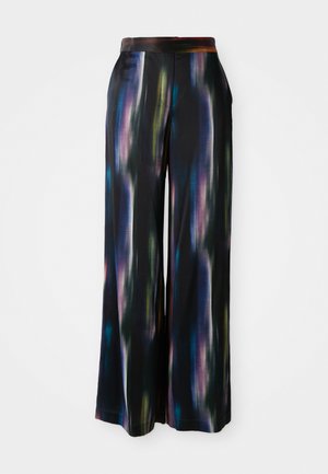 Pantalons à jambes larges en tissu léger avec une base noire ornée de rayures verticales multicolores. Texture lisse et taille élastique.