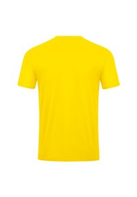 T-shirt jaune à manches courtes avec un col rond, fabriqué à partir d'un tissu doux, affichant une couleur unie sans motifs ni designs visibles.