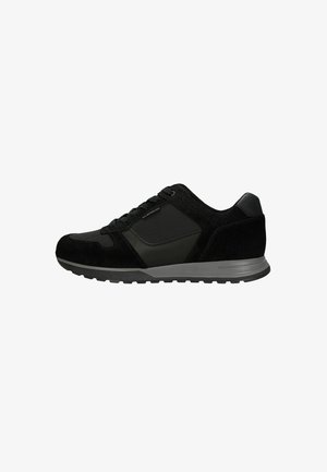 Black athletic shoes featuring a combination of suede and textile materials, a synthetic panel, lace-up closure, and a gray outsole.