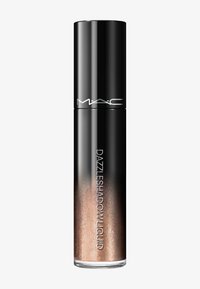 Zwarte en doorzichtige tube van MAC Dazzleshadow Liquid oogschaduw met rosegouden glitter erin, tegen een witte achtergrond.