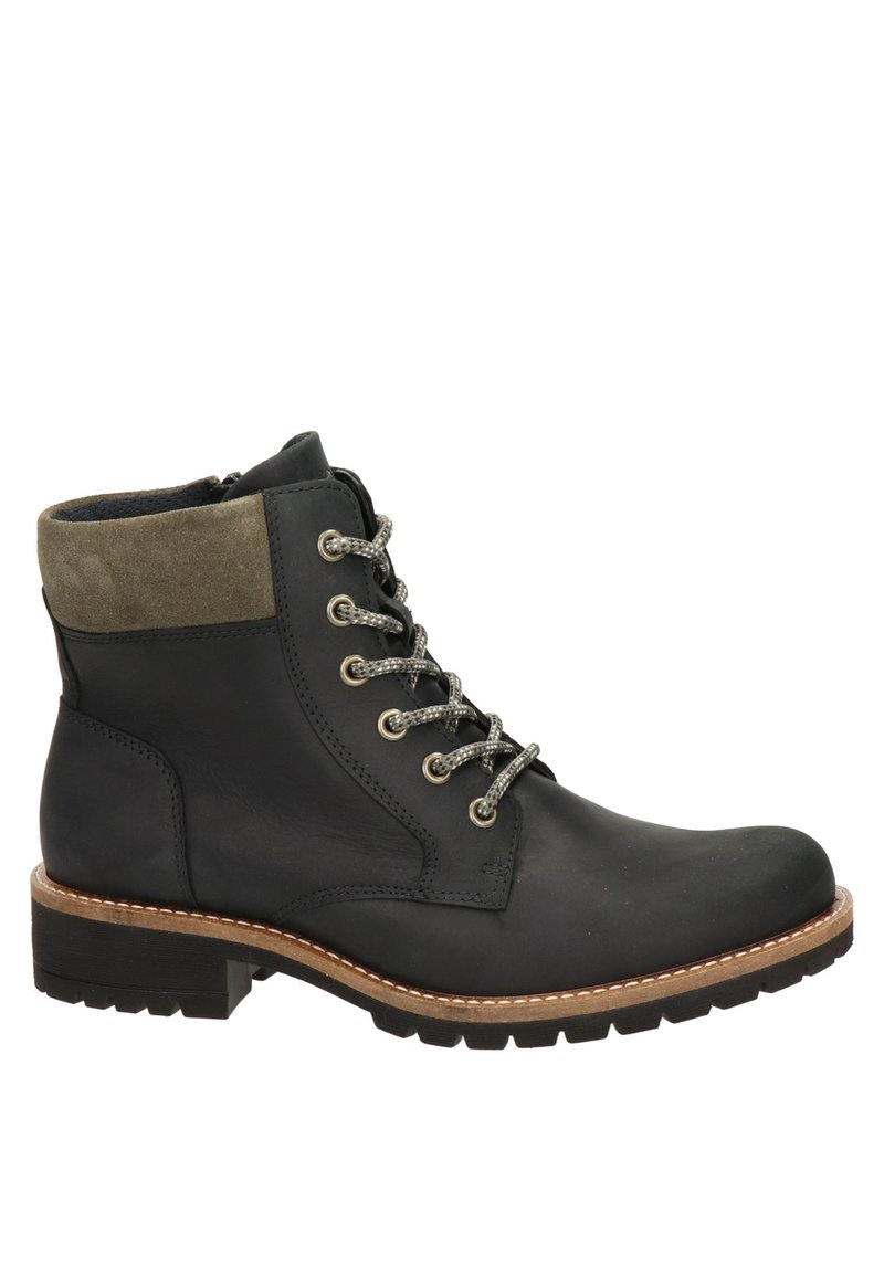 Czarne skórzane botki za kostkę z szarym zamszowym kołnierzem, srebrnymi sznurówkami i gumową podeszwą. Posiadają okrągły nos i przeszycia.