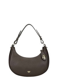 Bruine leren schoudertas met een gebogen vorm, een gestructureerde afwerking en een accent in goudkleur. Voorzien van een verstelbare riem en een ritssluitingvak.