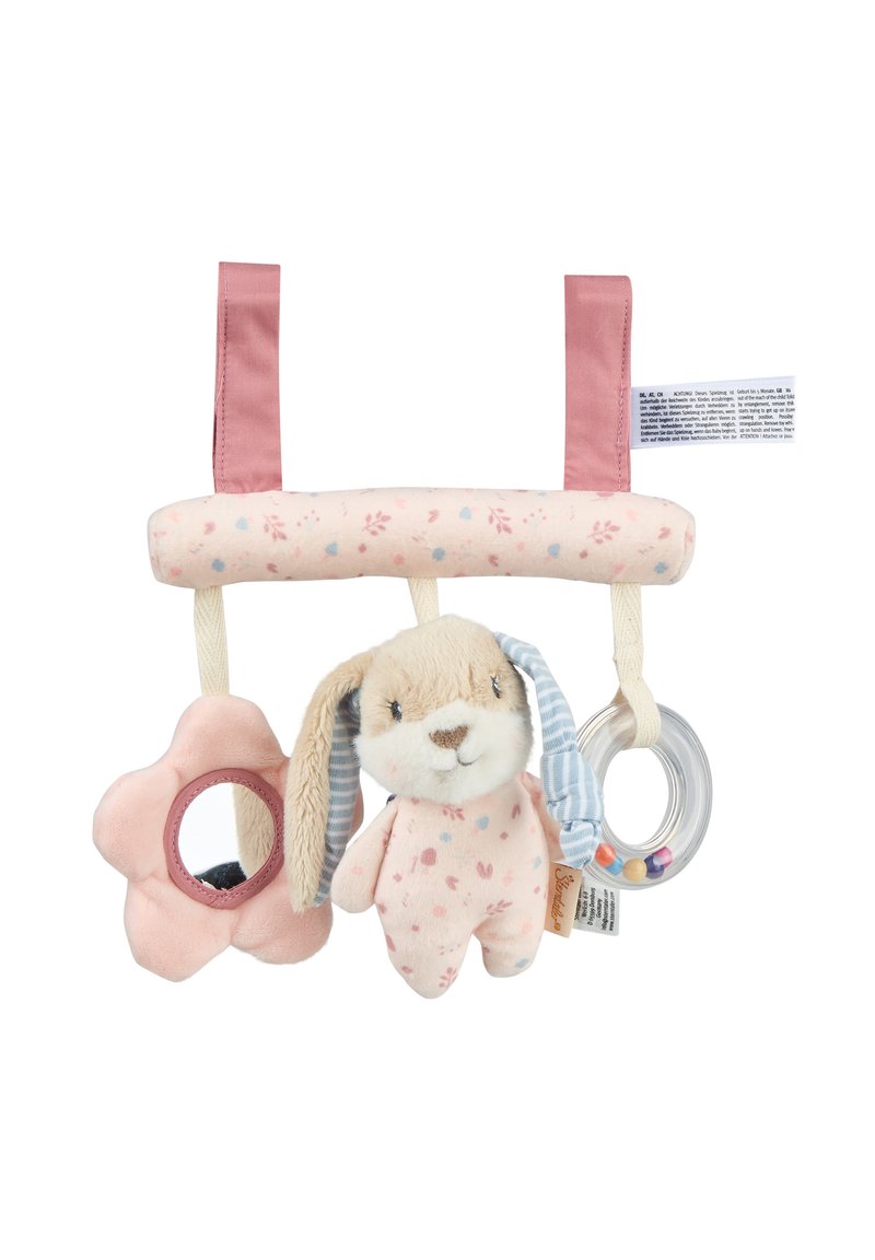 Soft plush activity toy with pink floral design and a bunny. Features a star-shaped mirror, a textured ring, and a satin ribbon for attachment.
