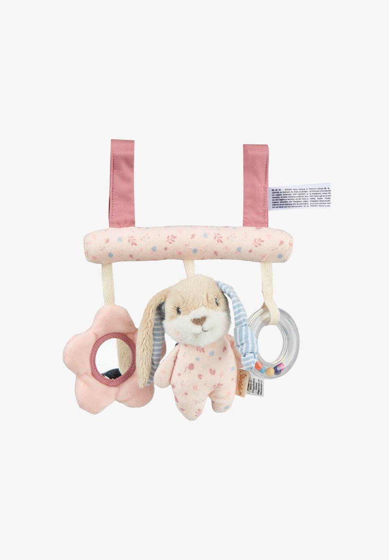 Soft plush activity toy with pink floral design and a bunny. Features a star-shaped mirror, a textured ring, and a satin ribbon for attachment.