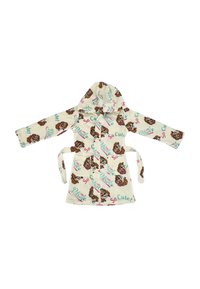 Fleece badjas in crème met een capuchon, versierd met cartoon hondengezichten en de tekst "Zo Schattig!" in teal en roze. Inclusief een strikceintuur.