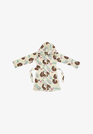Peignoir en polaire crème avec capuche, orné de visages de chiens de dessin animé et du texte "Trop mignon !" en teal et rose. Comprend une ceinture nouée.