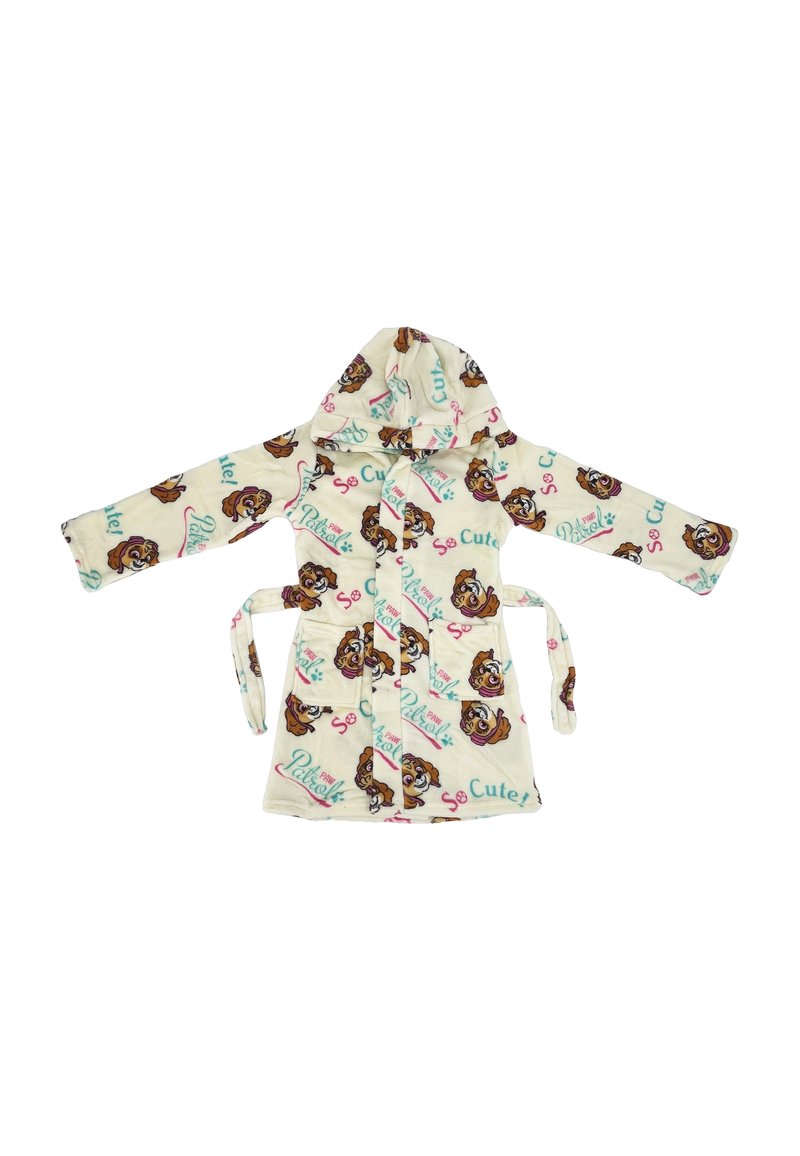 Fleece badjas in crème met een capuchon, versierd met cartoon hondengezichten en de tekst "Zo Schattig!" in teal en roze. Inclusief een strikceintuur.