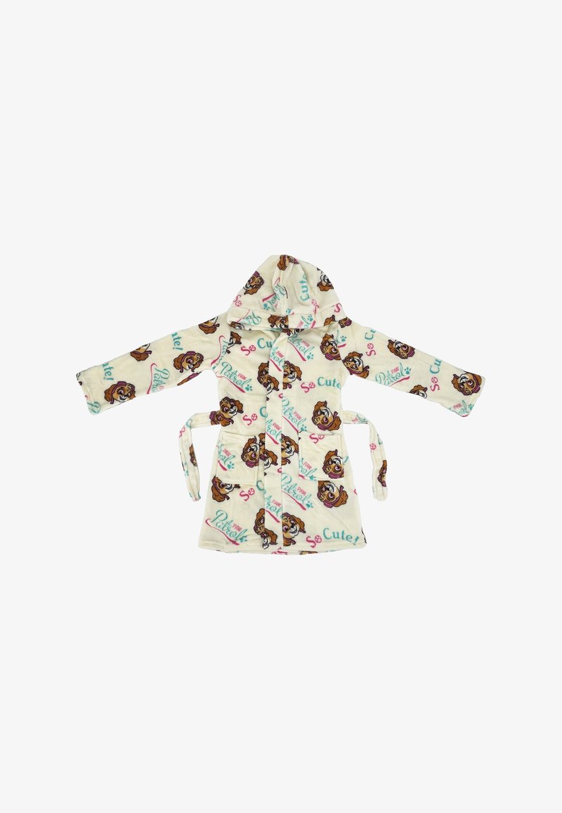 Fleece-Bademantel in Creme mit Kapuze, verziert mit cartoonhaften Hundegesichtern und dem Text "So Cute!" in Türkis und Pink. Mit einem Bindegürtel.