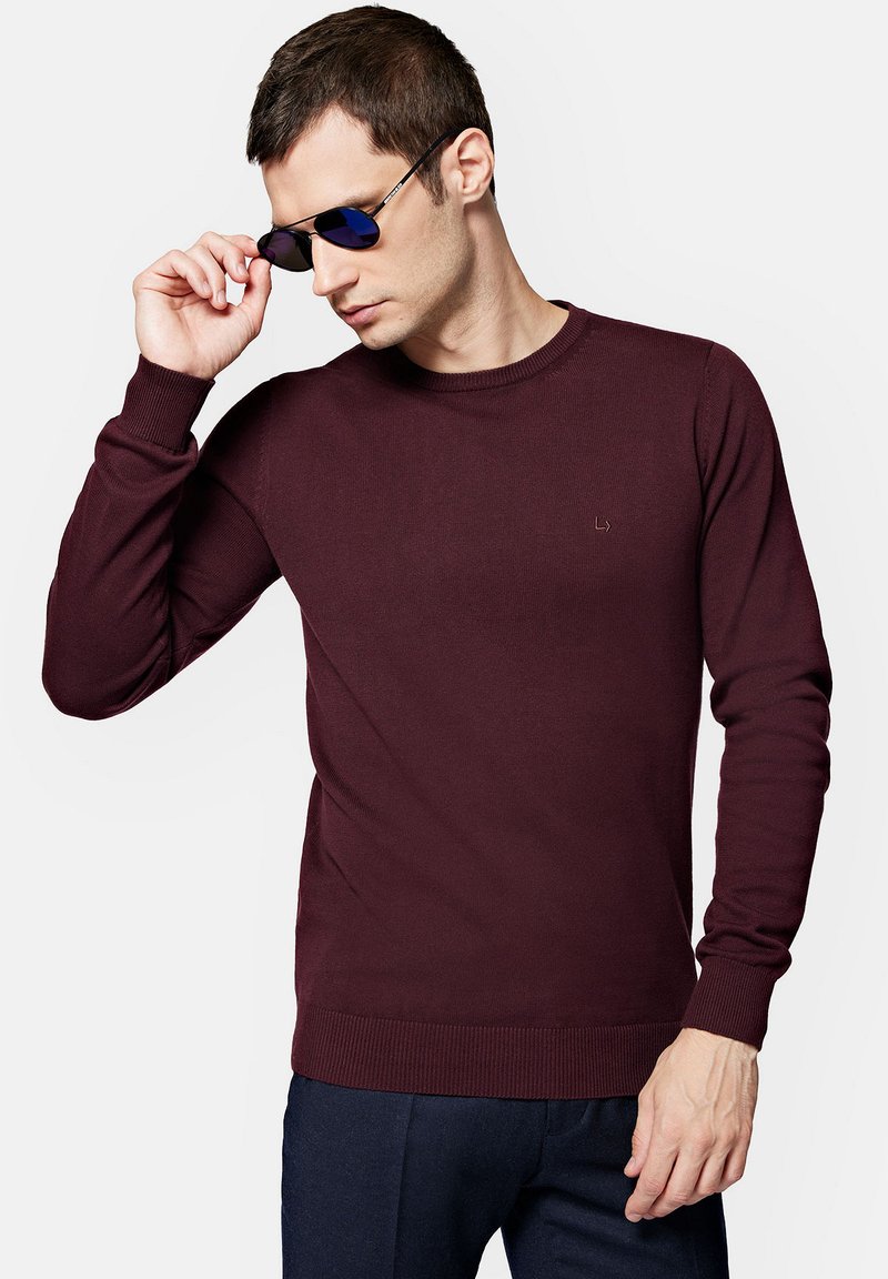 Burgundowy sweter z okrągłym dekoltem w gładkim splocie, z prążkowanymi mankietami i dolnym wykończeniem. Nałożona para okularów przeciwsłonecznych w niebieskim odcieniu. Minimalistyczne logo na piersi.