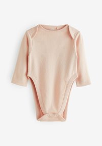 Rosa ribbet langærmet heldragt med rund halsudskæring, trykknaplukninger i bunden og blød tekstur. Har kontrasterende kant langs kanterne.