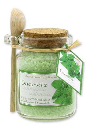 BADESALZ ZITRONENMELISSE IM GLAS MIT HOLZLÖFFEL 300 G - Bubble bath & soak - grün