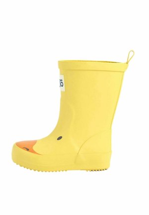 Stivale da pioggia giallo in gomma con design a faccia d'anatra, punta rotonda, suola testurizzata e una linguetta per indossarlo facilmente.