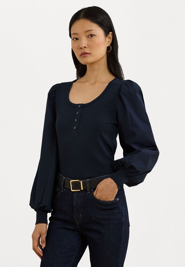 STRETCH COTTON PUFF SLEEVE HENLEY TOP - Long sleeved top