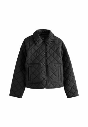 Veste matelassée noire avec un col, des boutons-pression et deux poches avant ; présente un motif en diamant texturé sur l'ensemble.