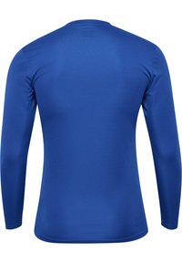 Langärmliges, tailliertes Hemd in leuchtendem Blau. Glattes, dehnbares Material mit rundem Ausschnitt und ohne sichtbare Beschläge oder Verzierungen.
