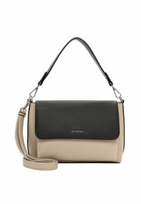 Sac à bandoulière en cuir avec rabat vert foncé et corps beige, doté d'une sangle réglable et d'accents métalliques argentés. Finition texturée.