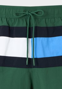 Μαγιό με πράσινη ζώνη μέσης και κορδόνι, με οριζόντια χρωματικά μπλοκ σε ναυτικό μπλε, λευκό και ανοιχτό μπλε.