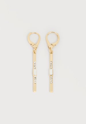 Boucles d'oreilles goutte en or avec fermoirs à levier, comportant des barres verticales ornées de petites pierres transparentes et rectangulaires.
