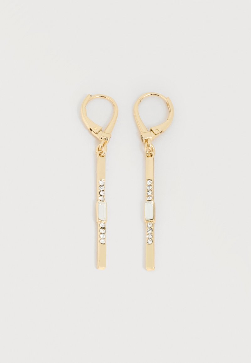 Σκουλαρίκια από χρυσό σε σχήμα σταγόνας με κούμπωμα lever-back, με κάθετες ράβδους διακοσμημένες με μικρές καθαρές και ορθογώνιες πέτρες.