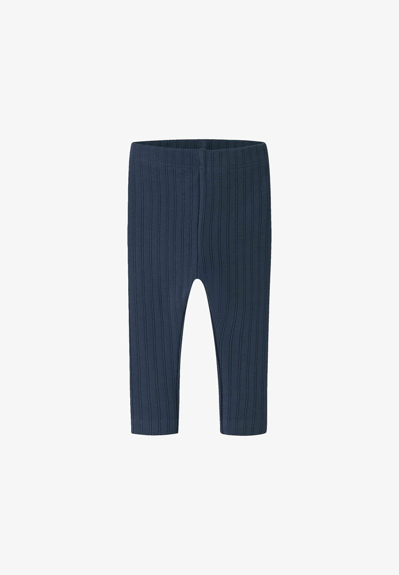 Leggings bébé en maille côtelée bleu marine avec taille élastique, conçus pour un confort doux et une coupe stretch.
