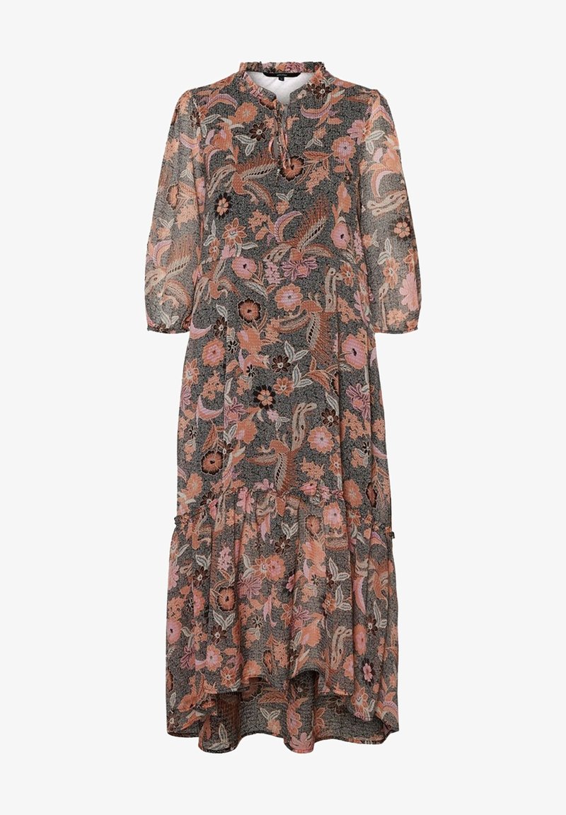 Dlouhé květinové šaty s tmavě šedým základem a složitými vzory růžových a oranžových květin, tříčtvrtečními rukávy a vrstevnatým lemem.