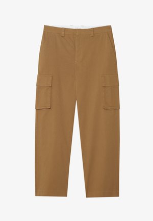 Brune cargo bukser med to sidelommer, flad front og lige ben. Fremstillet af et slidstærkt stof med en glat tekstur.