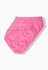 Set di cinque slip rosa in cotone con elastico in vita, caratterizzati da una finitura morbida e un design semplice, disposti in formazione impilata.