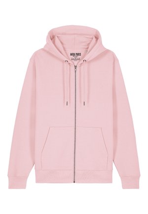Roze zip-up hoodie van zachte stof, met een trekkoordhoed, voorkeurszakken en ribgebreide manchetten bij de mouwen en onderkant.