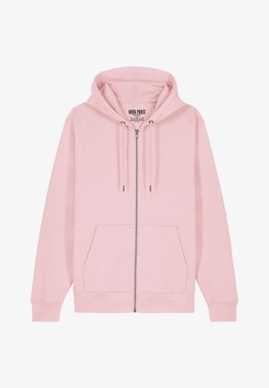 Roze zip-up hoodie van zachte stof, met een trekkoordhoed, voorkeurszakken en ribgebreide manchetten bij de mouwen en onderkant.