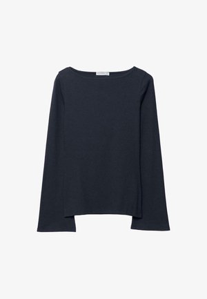 Marineblaues langärmliges Oberteil mit weitem Rundhalsausschnitt, gefertigt aus einem weichen Stoff, mit cropped Design und geradem Saum.