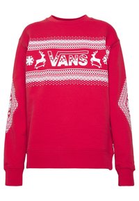 Sudadera roja de mangas largas con gráficos navideños en blanco, que incluyen renos y copos de nieve. Puños y dobladillo de canalé.