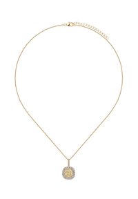 Złoty naszyjnik łańcuszkowy z kwadratowym wisiorkiem, ozdobionym centralnym żółtym kamieniem otoczonym przez przezroczyste kamienie w oprawie halo.