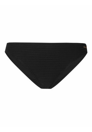Parte inferiore di bikini nera con finitura testurizzata, presenta una copertura moderata, una cintura elastica e un piccolo dettaglio metallico su un lato.