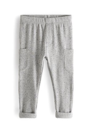 Pantalon en maille côtelée gris clair avec motif moucheté, taille élastique, poches latérales et revers retroussés.