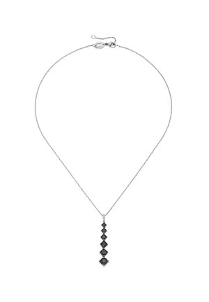 Silver chain necklace featuring a vertical row of round black stones, with seven stones of varying sizes, set in circular metal clasps.