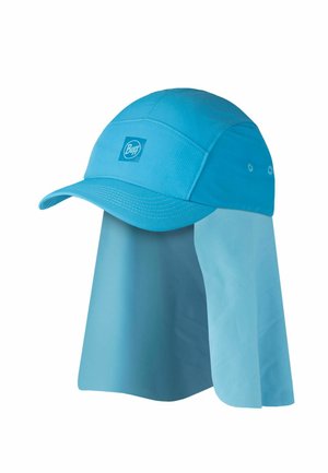 Light blue cap with extended neck flap for sun protection, featuring ventilation eyelets and a small logo on the front panel.