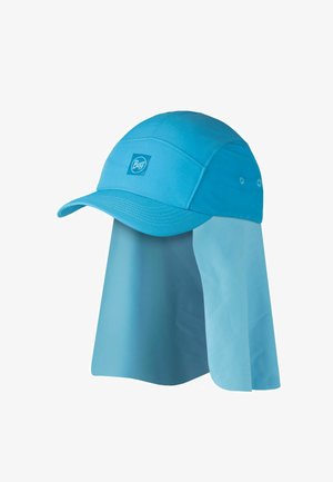 Gorra azul claro con solapa extendida para el cuello para protección solar, con orificios de ventilación y un pequeño logo en el panel frontal.