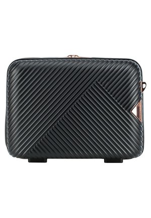 Custodia rigida nera con texture a righe diagonali, accessori in oro rosa, forma rettangolare e angoli arrotondati per una maggiore protezione.