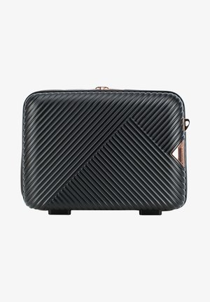 Černý pevný obal s diagonálně žebrovanou texturou, akcenty v růžovém zlatě, obdélníkový tvar a zaoblené rohy pro ochranu.